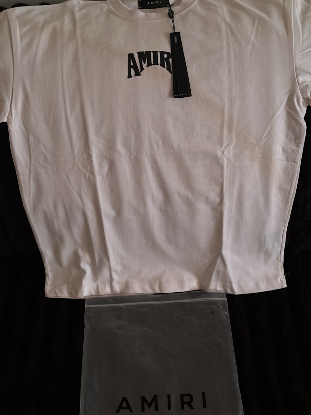 AMIRI White Short Sleeve Tee with Black Chest Logo and Tag